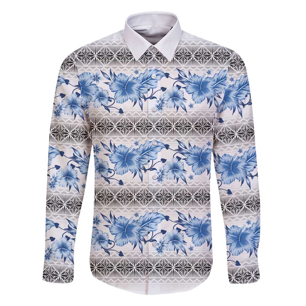Samoa White Sunday Family Matching Mermaid Dress and Hawaiian Shirt Samoan Tapa Blue Hibiscus LT05 Dad's Shirt - Long Sleeve Blue - Polynesian Pride