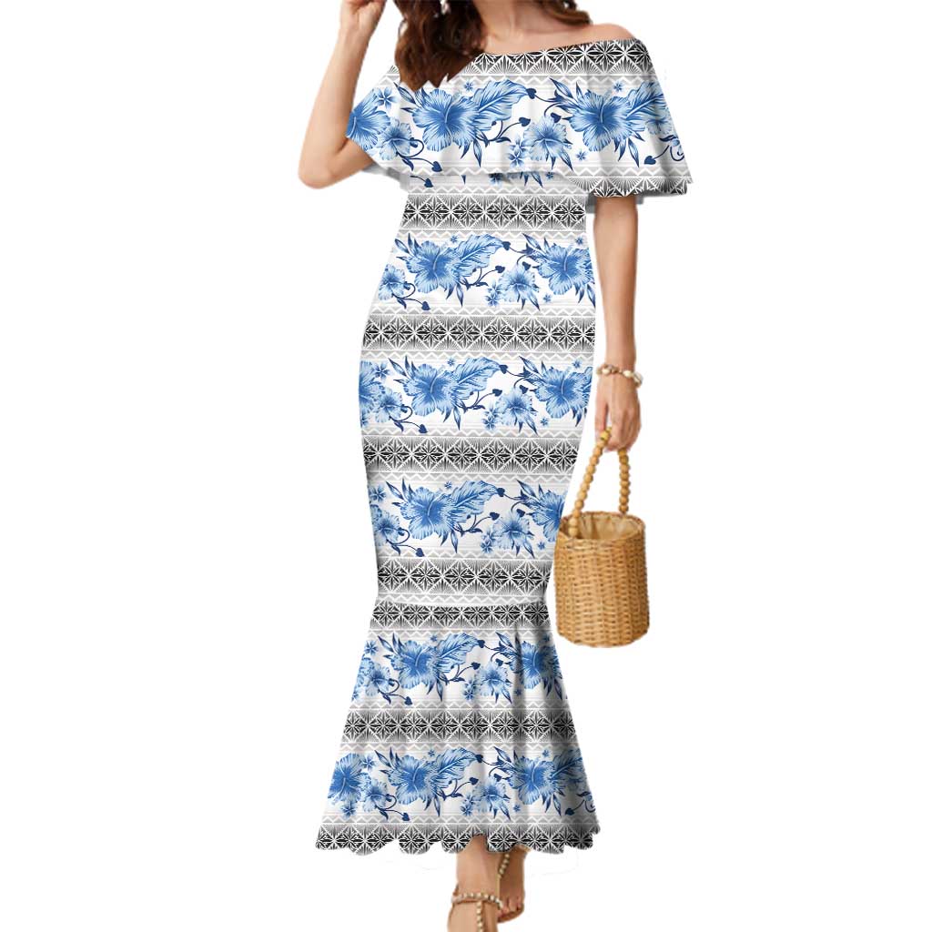 Samoa White Sunday Family Matching Mermaid Dress and Hawaiian Shirt Samoan Tapa Blue Hibiscus LT05 Mom's Dress Blue - Polynesian Pride