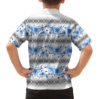 Samoa White Sunday Family Matching Off The Shoulder Long Sleeve Dress and Hawaiian Shirt Samoan Tapa Blue Hibiscus LT05 - Polynesian Pride