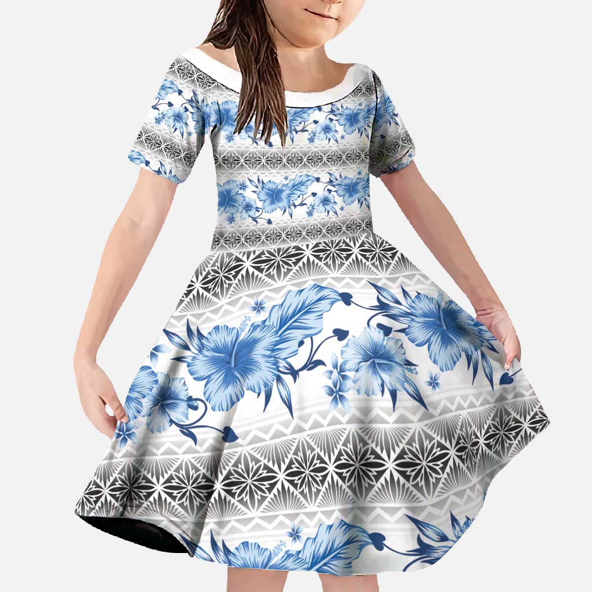 Samoa White Sunday Family Matching Off The Shoulder Long Sleeve Dress and Hawaiian Shirt Samoan Tapa Blue Hibiscus LT05 Daughter's Dress Blue - Polynesian Pride