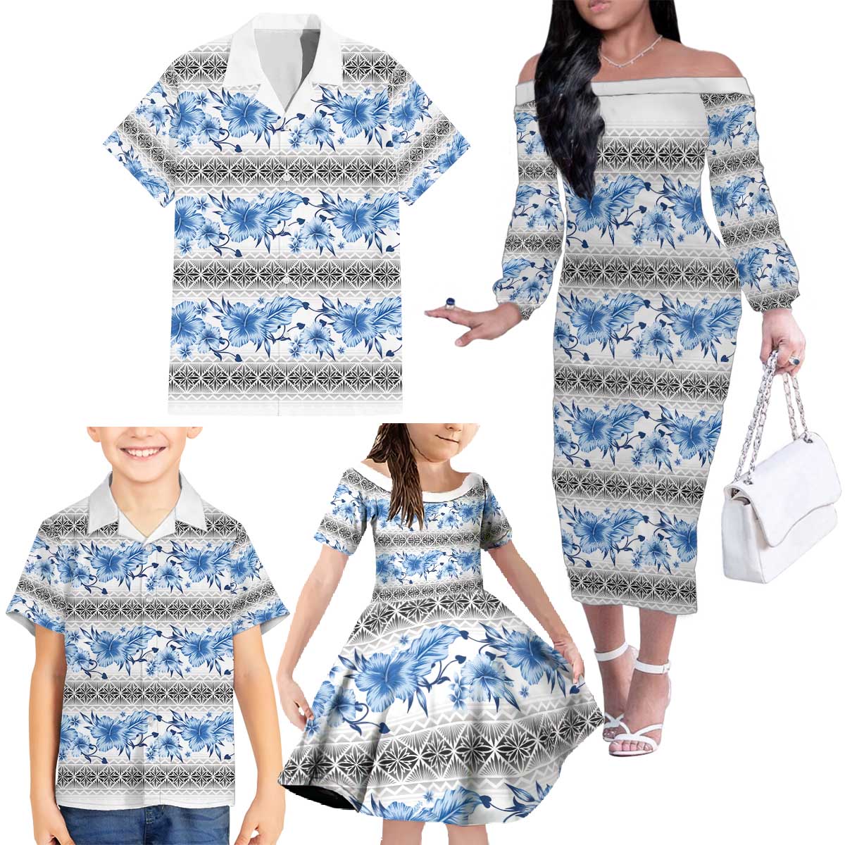 Samoa White Sunday Family Matching Off The Shoulder Long Sleeve Dress and Hawaiian Shirt Samoan Tapa Blue Hibiscus LT05 - Polynesian Pride