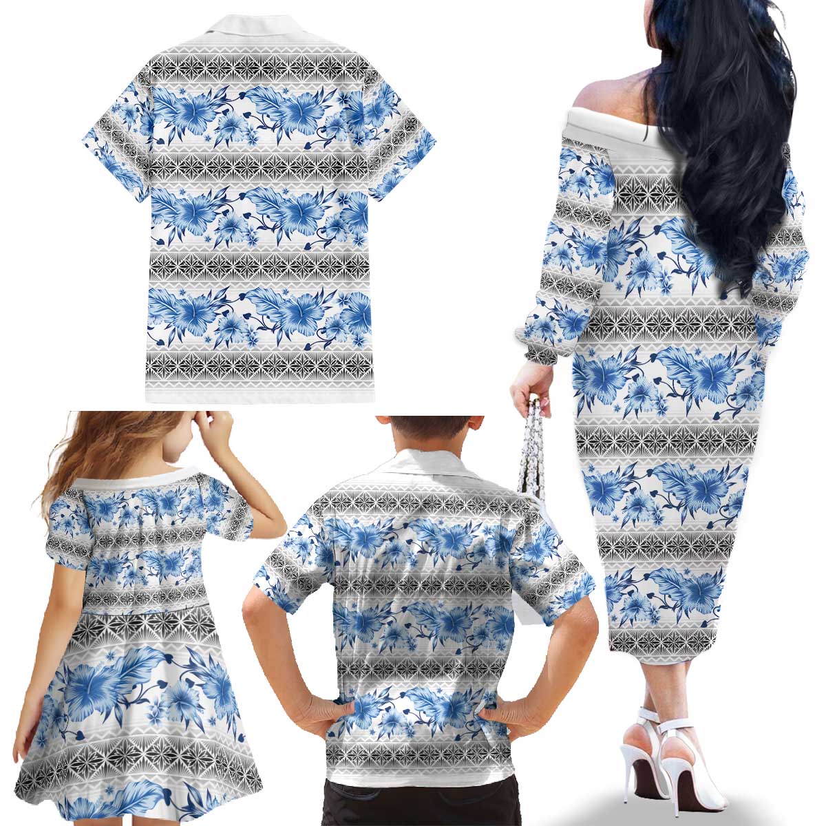 Samoa White Sunday Family Matching Off The Shoulder Long Sleeve Dress and Hawaiian Shirt Samoan Tapa Blue Hibiscus LT05 - Polynesian Pride