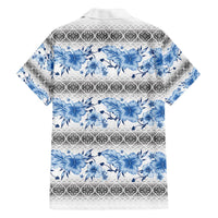 Samoa White Sunday Family Matching Off The Shoulder Long Sleeve Dress and Hawaiian Shirt Samoan Tapa Blue Hibiscus LT05 - Polynesian Pride
