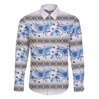 Samoa White Sunday Family Matching Off The Shoulder Long Sleeve Dress and Hawaiian Shirt Samoan Tapa Blue Hibiscus LT05 Dad's Shirt - Long Sleeve Blue - Polynesian Pride