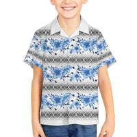 Samoa White Sunday Family Matching Off The Shoulder Long Sleeve Dress and Hawaiian Shirt Samoan Tapa Blue Hibiscus LT05 Son's Shirt Blue - Polynesian Pride