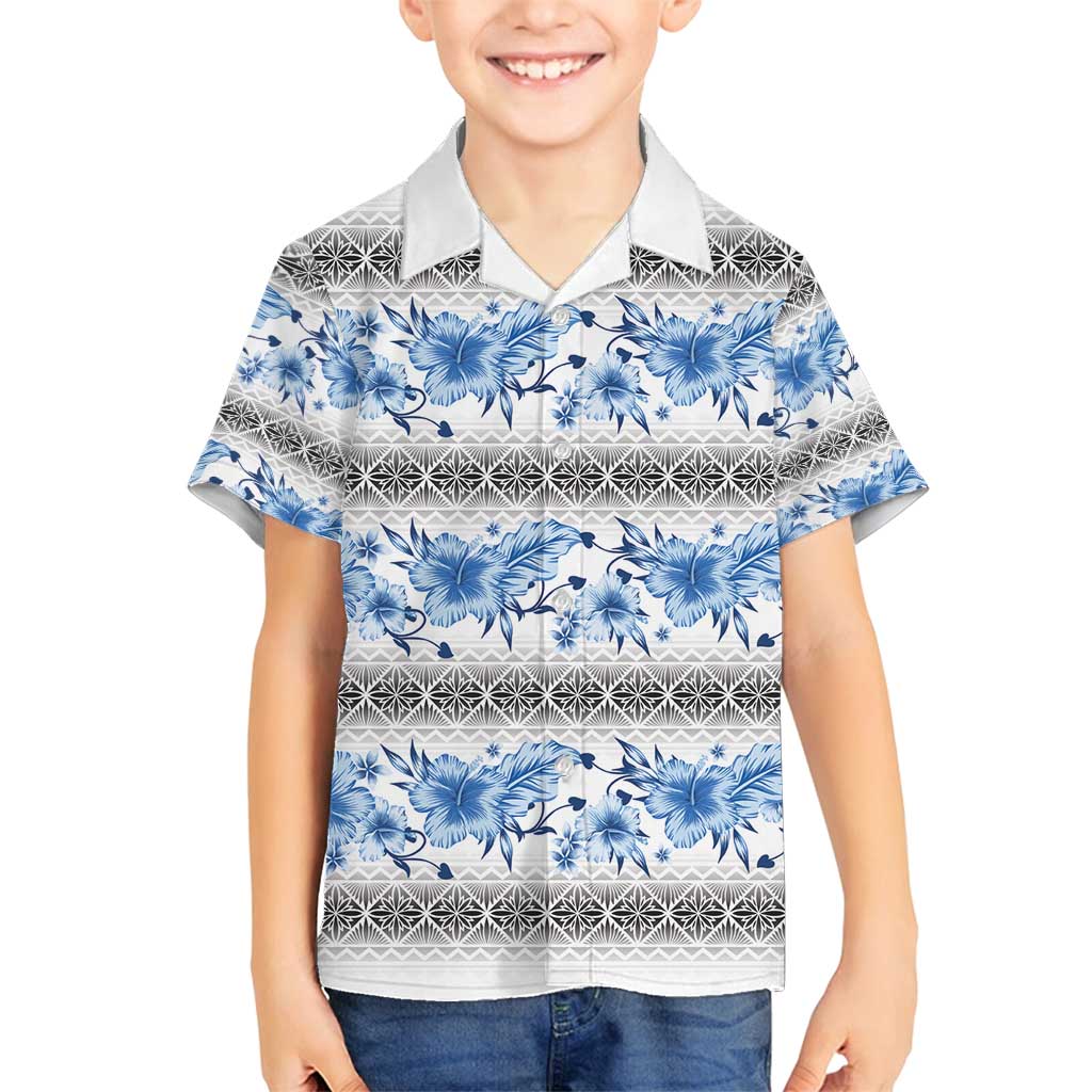 Samoa White Sunday Family Matching Off Shoulder Short Dress and Hawaiian Shirt Samoan Tapa Blue Hibiscus - Polynesian Pride