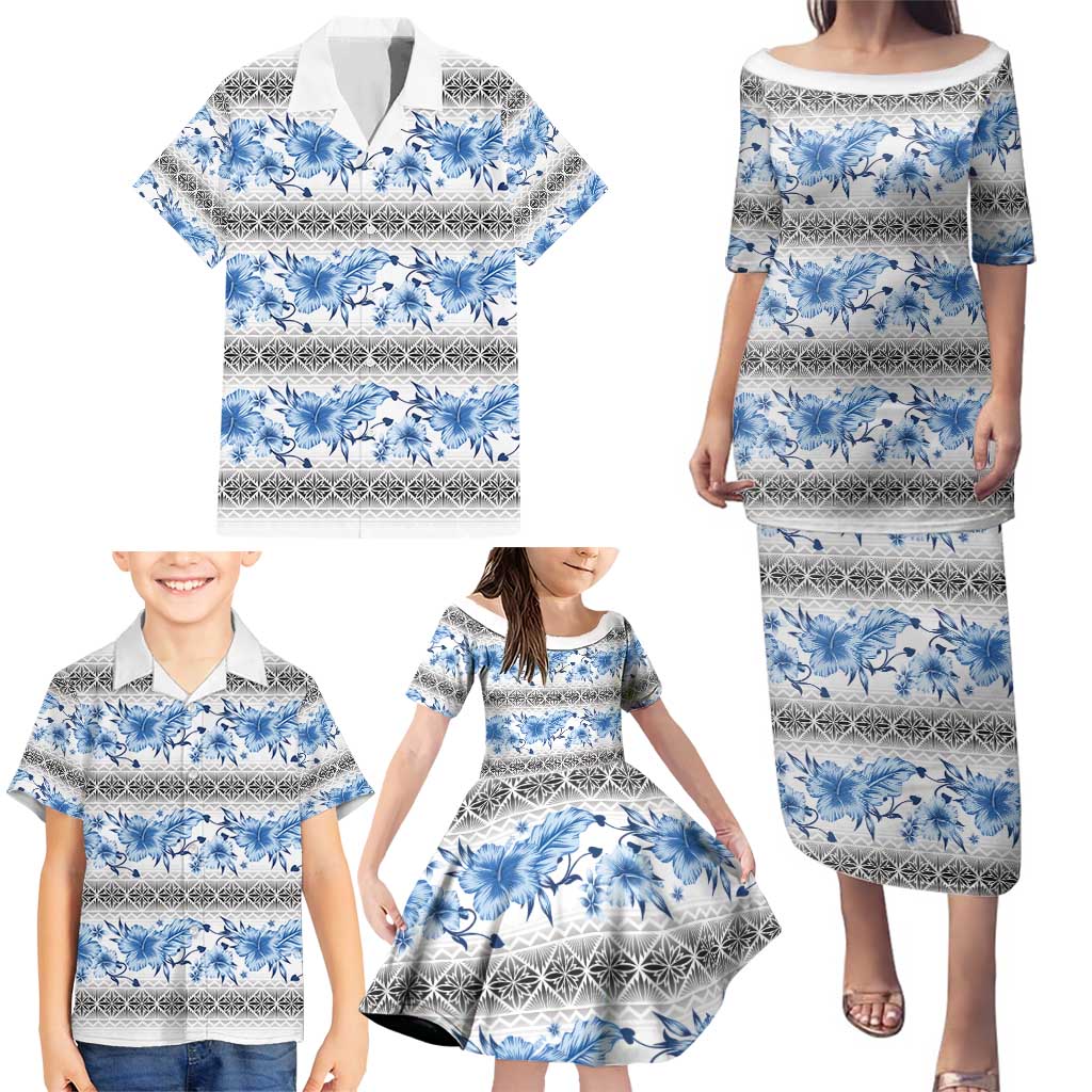 Samoa White Sunday Family Matching Puletasi and Hawaiian Shirt Samoan Tapa Blue Hibiscus - Polynesian Pride