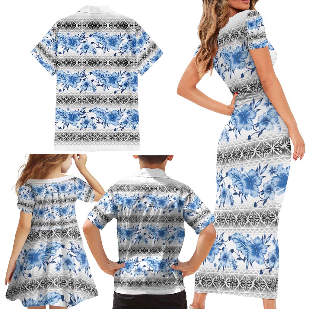 Samoa White Sunday Family Matching Short Sleeve Bodycon Dress and Hawaiian Shirt Samoan Tapa Blue Hibiscus LT05 - Polynesian Pride