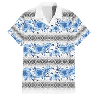 Samoa White Sunday Family Matching Short Sleeve Bodycon Dress and Hawaiian Shirt Samoan Tapa Blue Hibiscus LT05 Dad's Shirt - Short Sleeve Blue - Polynesian Pride