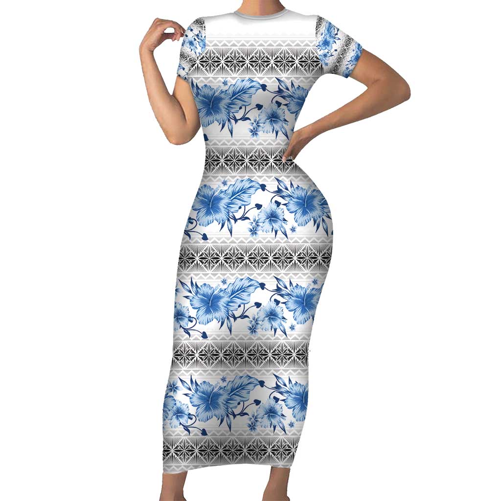 Samoa White Sunday Family Matching Short Sleeve Bodycon Dress and Hawaiian Shirt Samoan Tapa Blue Hibiscus LT05 Mom's Dress Blue - Polynesian Pride
