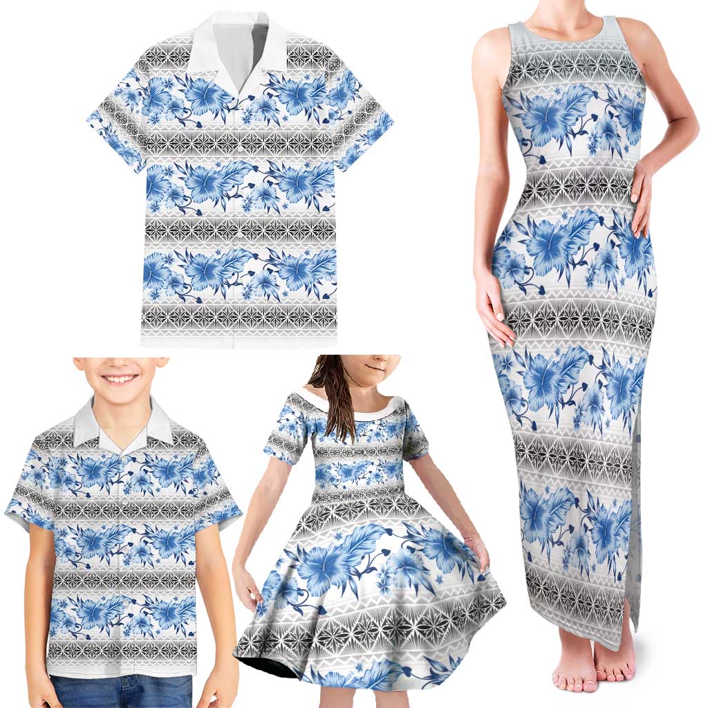 Samoa White Sunday Family Matching Tank Maxi Dress and Hawaiian Shirt Samoan Tapa Blue Hibiscus LT05 - Polynesian Pride