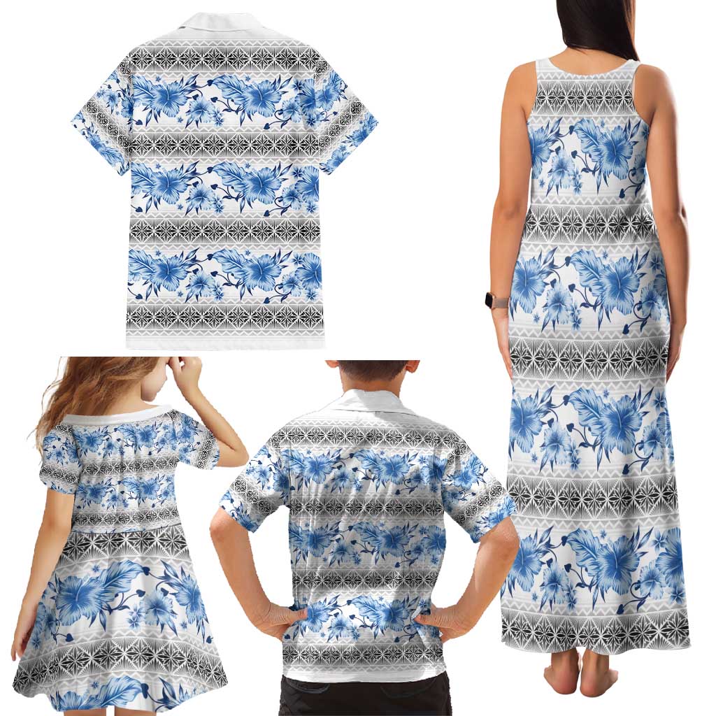 Samoa White Sunday Family Matching Tank Maxi Dress and Hawaiian Shirt Samoan Tapa Blue Hibiscus LT05 - Polynesian Pride