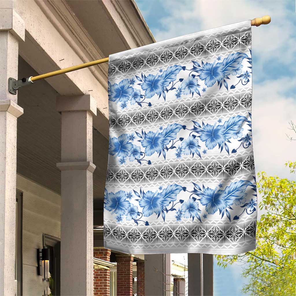 Samoa White Sunday Garden Flag Samoan Tapa Blue Hibiscus - Polynesian Pride