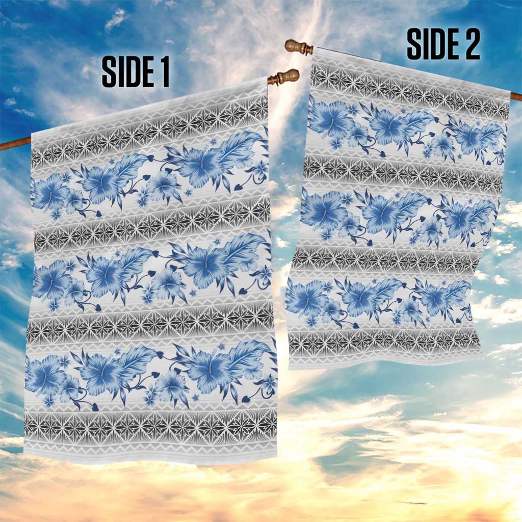 Samoa White Sunday Garden Flag Samoan Tapa Blue Hibiscus - Polynesian Pride