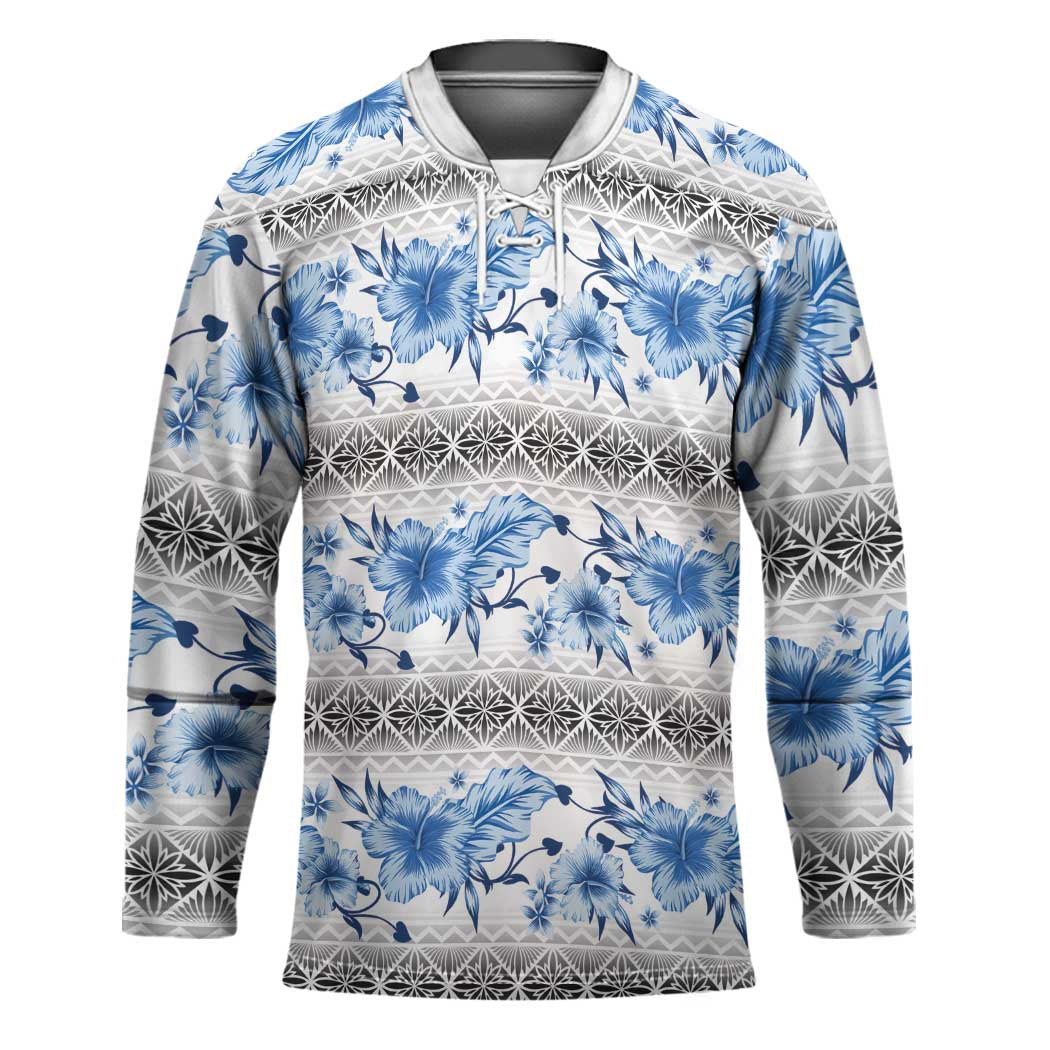 Samoa White Sunday Hockey Jersey Samoan Tapa Blue Hibiscus - Polynesian Pride