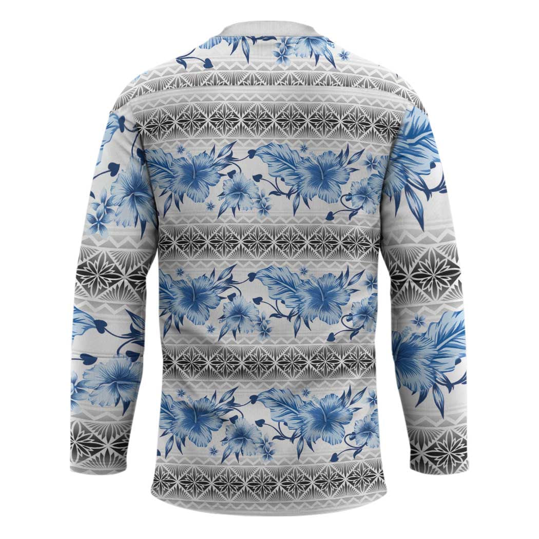 Samoa White Sunday Hockey Jersey Samoan Tapa Blue Hibiscus - Polynesian Pride