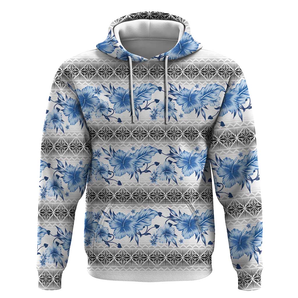Samoa White Sunday Hoodie Samoan Tapa Blue Hibiscus - Polynesian Pride