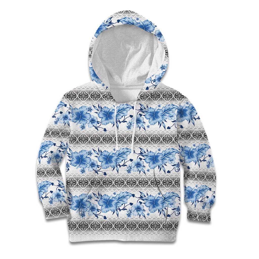 Samoa White Sunday Kid Hoodie Samoan Tapa Blue Hibiscus - Polynesian Pride