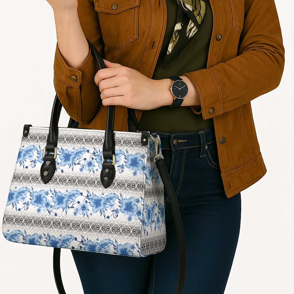Samoa White Sunday Leather Bag Samoan Tapa Blue Hibiscus - Polynesian Pride