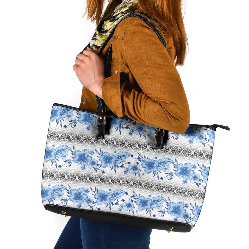 Samoa White Sunday Leather Tote Bag Samoan Tapa Blue Hibiscus - Polynesian Pride