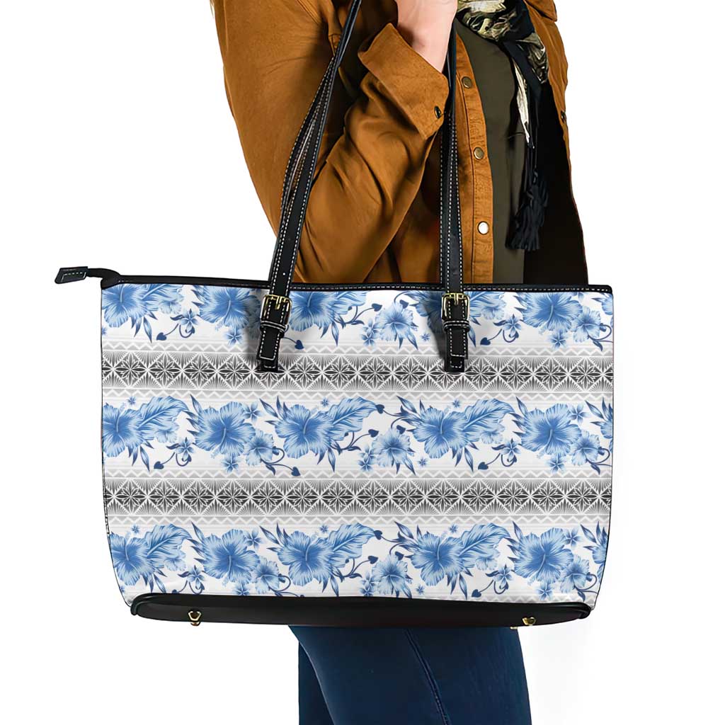 Samoa White Sunday Leather Tote Bag Samoan Tapa Blue Hibiscus - Polynesian Pride