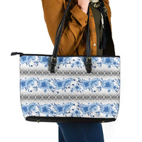 Samoa White Sunday Leather Tote Bag Samoan Tapa Blue Hibiscus - Polynesian Pride