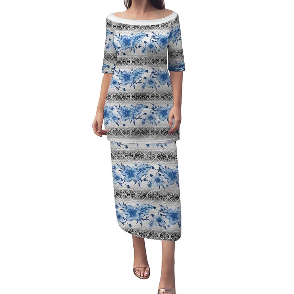 Samoa White Sunday Puletasi Samoan Tapa Blue Hibiscus - Polynesian Pride