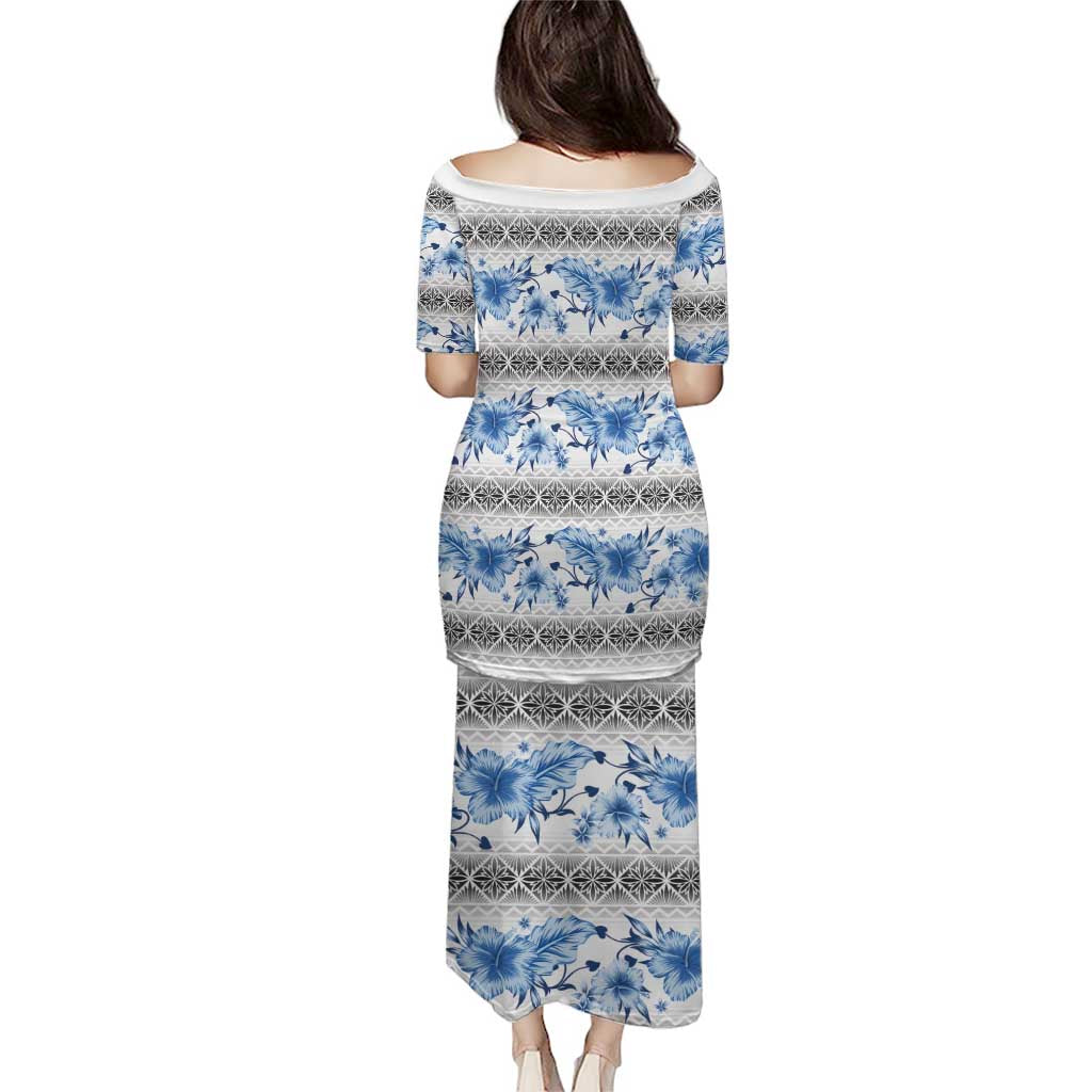 Samoa White Sunday Puletasi Samoan Tapa Blue Hibiscus - Polynesian Pride