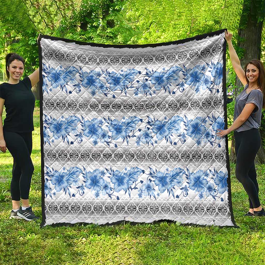 Samoa White Sunday Quilt Samoan Tapa Blue Hibiscus - Polynesian Pride
