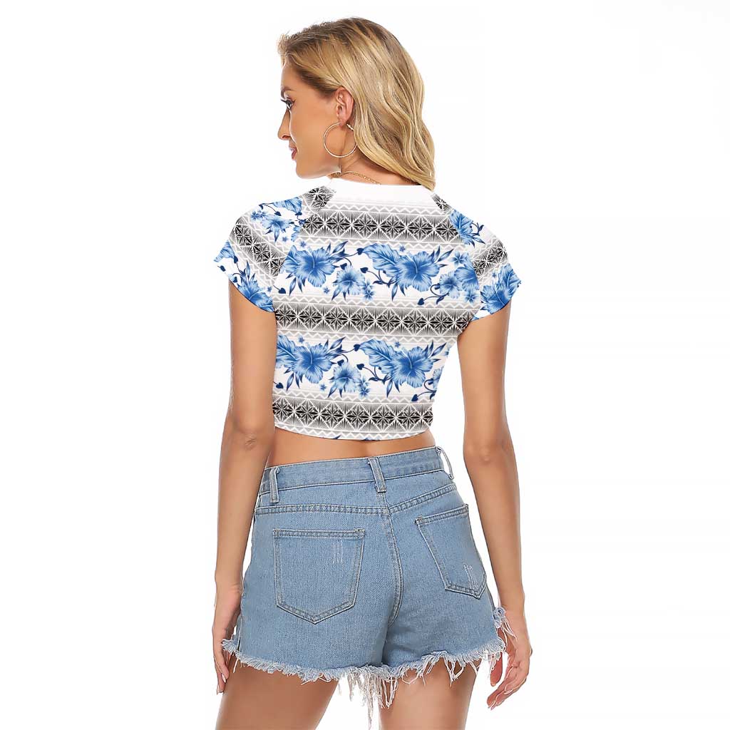 Samoa White Sunday Raglan Cropped T Shirt Samoan Tapa Blue Hibiscus - Polynesian Pride