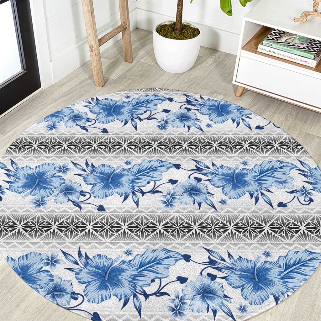 Samoa White Sunday Round Carpet Samoan Tapa Blue Hibiscus - Polynesian Pride