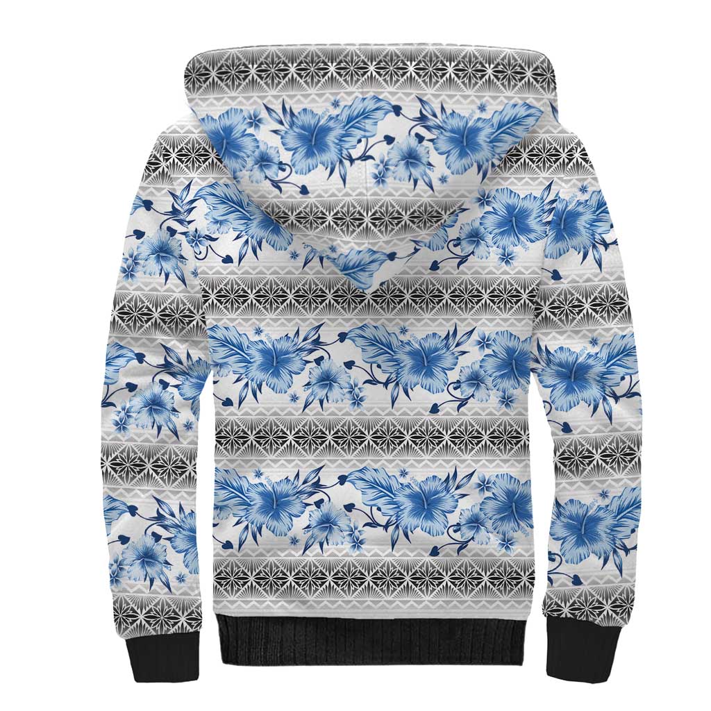 Samoa White Sunday Sherpa Hoodie Samoan Tapa Blue Hibiscus - Polynesian Pride