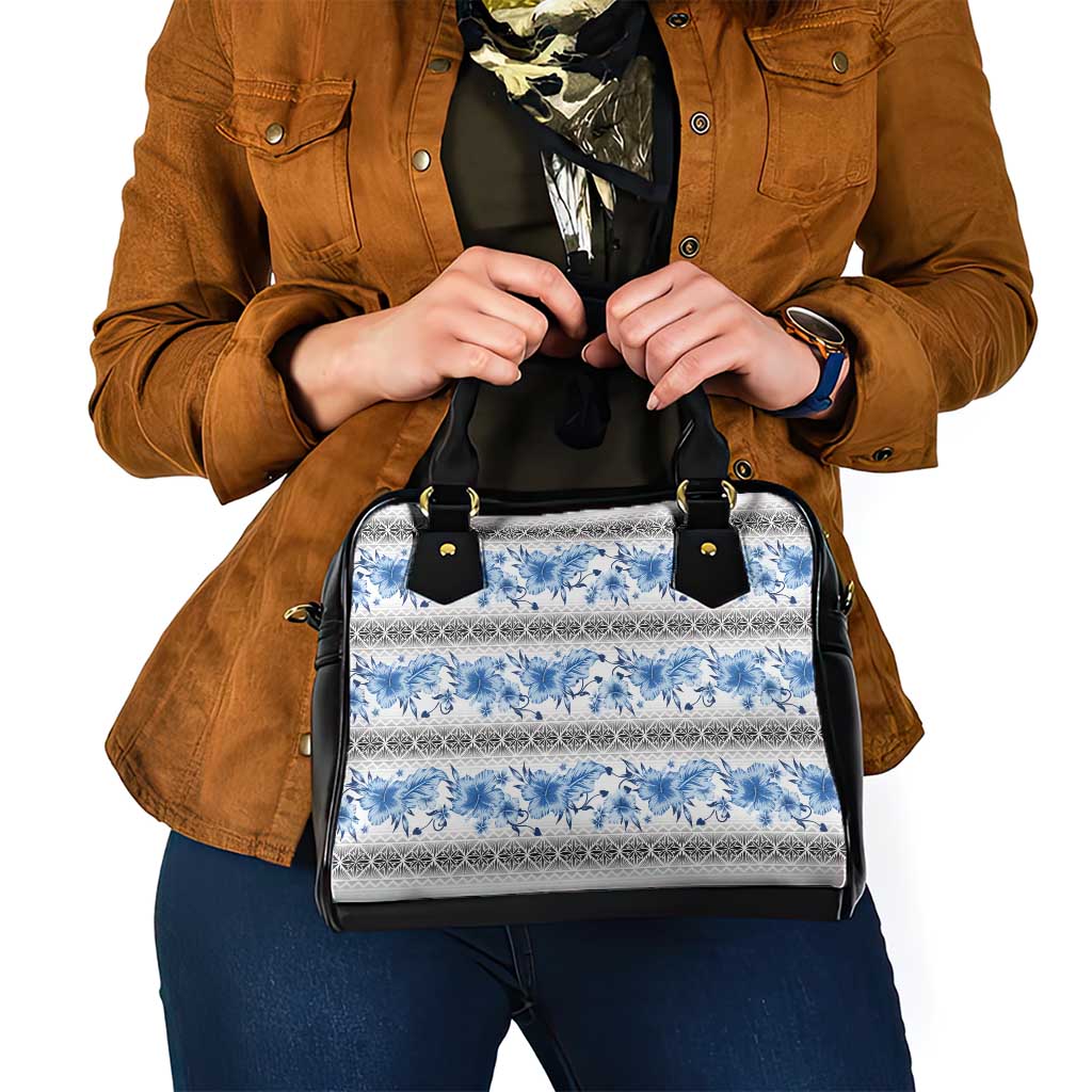 Samoa White Sunday Shoulder Handbag Samoan Tapa Blue Hibiscus - Polynesian Pride
