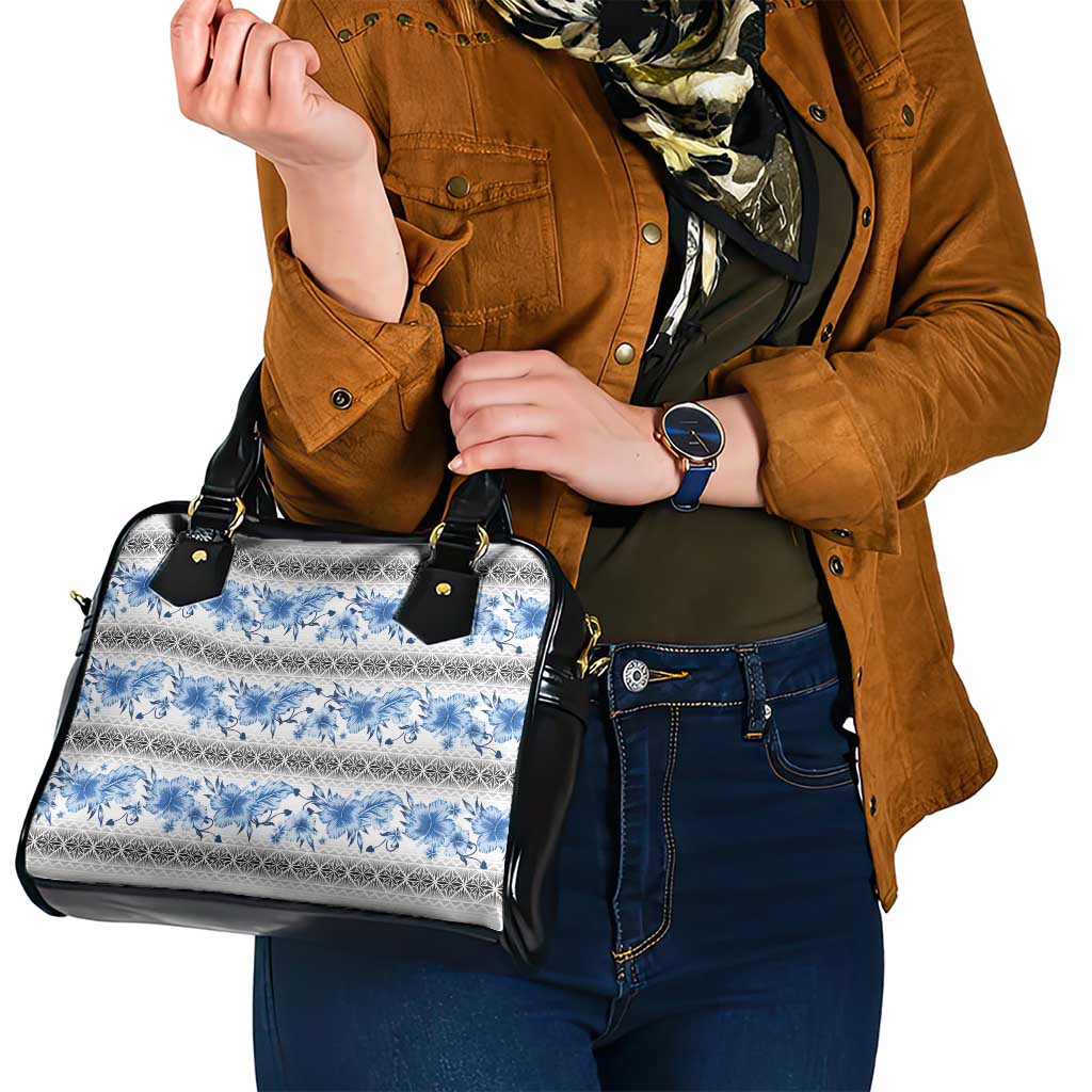 Samoa White Sunday Shoulder Handbag Samoan Tapa Blue Hibiscus - Polynesian Pride