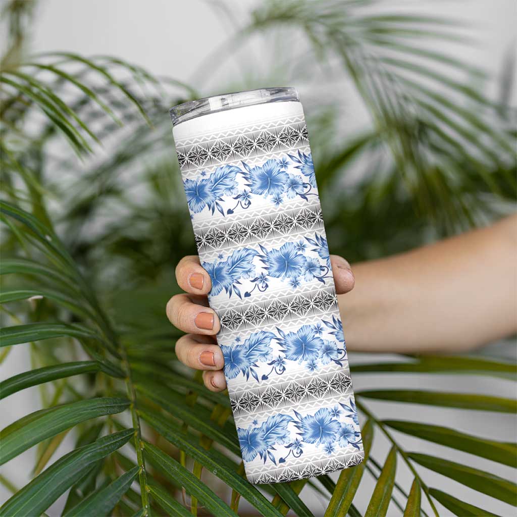 Samoa White Sunday Skinny Tumbler Samoan Tapa Blue Hibiscus - Polynesian Pride