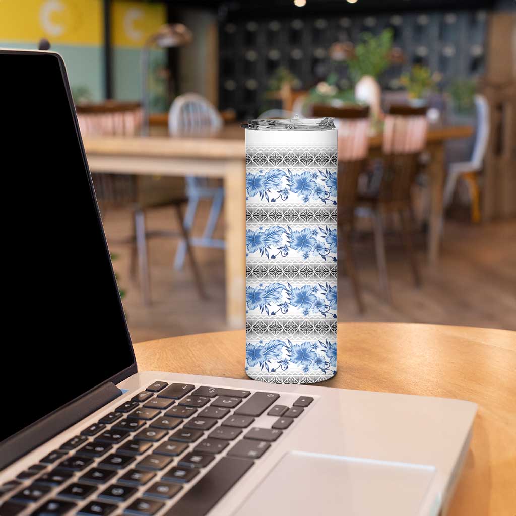 Samoa White Sunday Skinny Tumbler Samoan Tapa Blue Hibiscus - Polynesian Pride