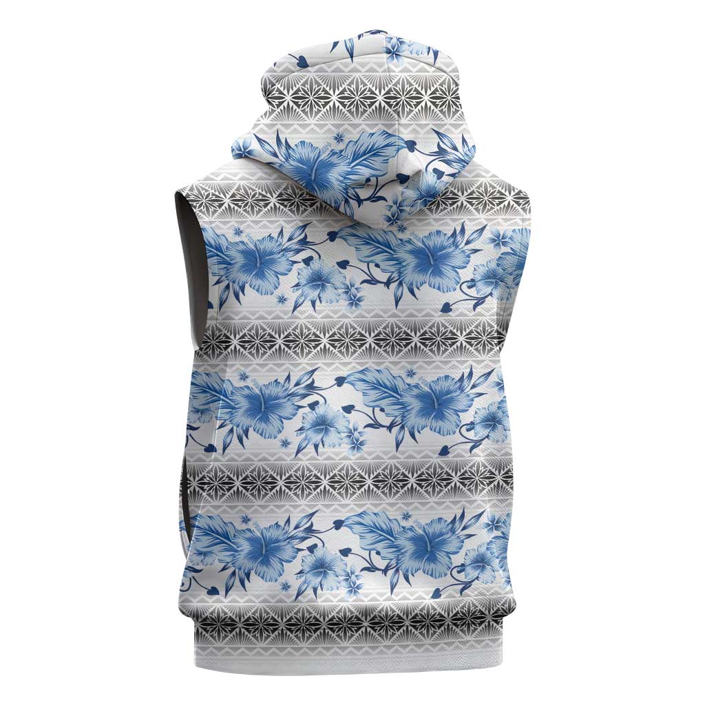 Samoa White Sunday Sleeveless Hoodie Samoan Tapa Blue Hibiscus - Polynesian Pride