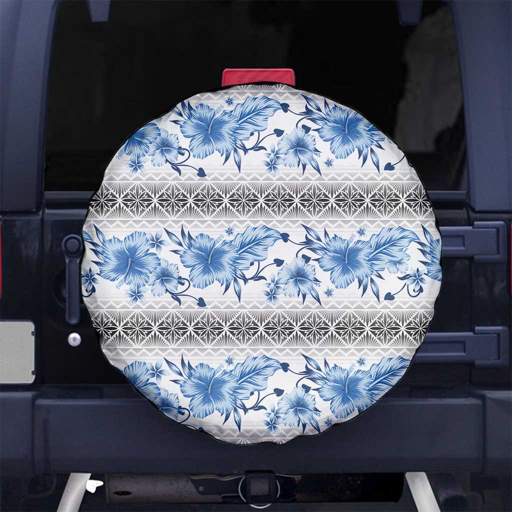 Samoa White Sunday Spare Tire Cover Samoan Tapa Blue Hibiscus - Polynesian Pride