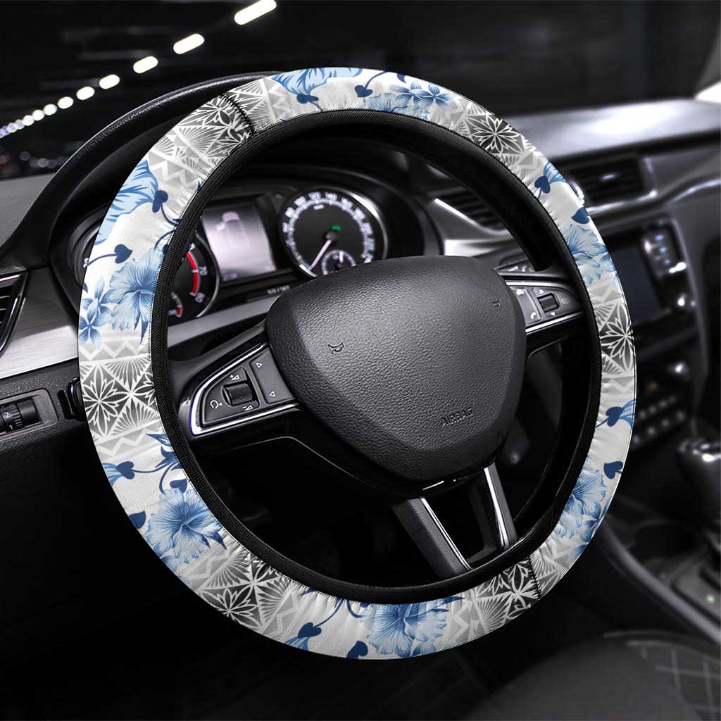 Samoa White Sunday Steering Wheel Cover Samoan Tapa Blue Hibiscus - Polynesian Pride