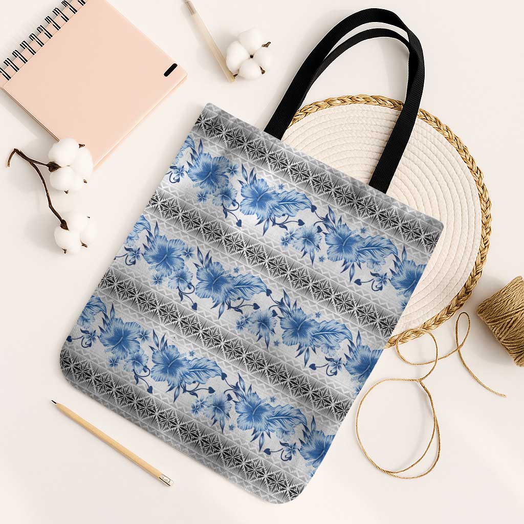Samoa White Sunday Tote Bag Samoan Tapa Blue Hibiscus - Polynesian Pride