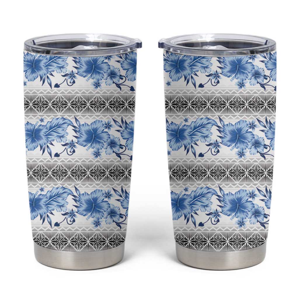 Samoa White Sunday Tumbler Cup Samoan Tapa Blue Hibiscus - Polynesian Pride