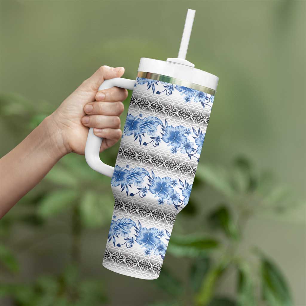 Samoa White Sunday Tumbler With Handle Samoan Tapa Blue Hibiscus - Polynesian Pride