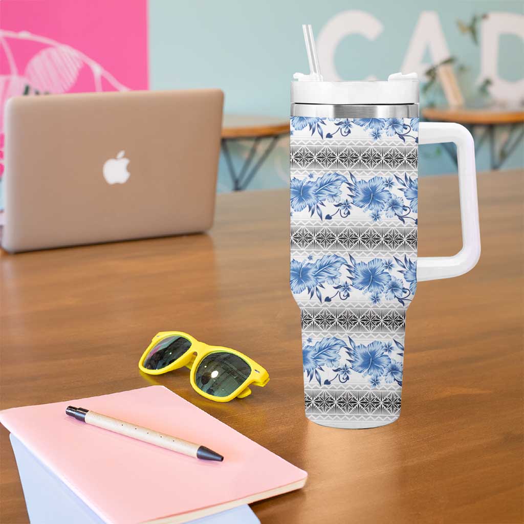 Samoa White Sunday Tumbler With Handle Samoan Tapa Blue Hibiscus - Polynesian Pride