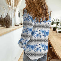 Samoa White Sunday Women Casual Shirt Samoan Tapa Blue Hibiscus - Polynesian Pride