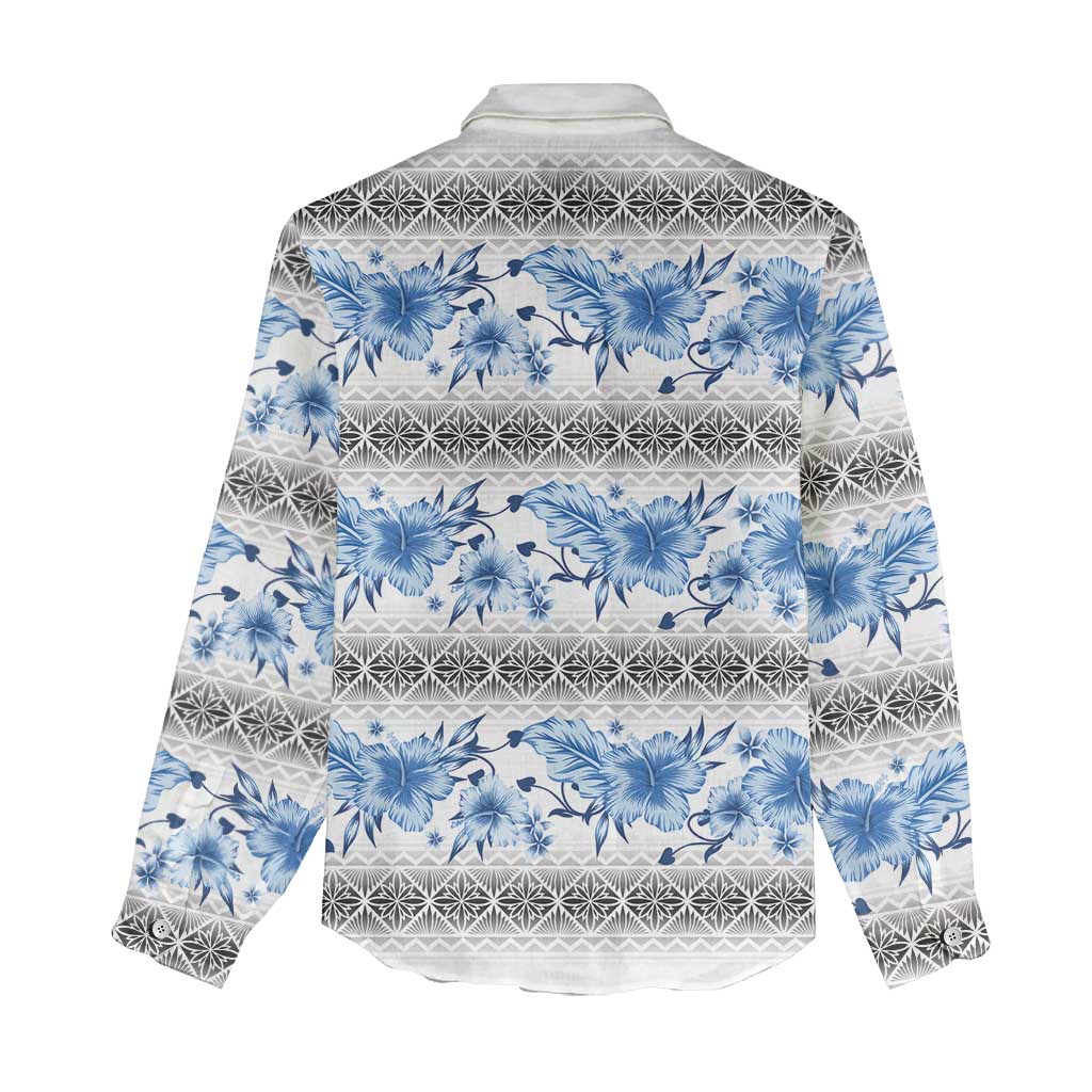 Samoa White Sunday Women Casual Shirt Samoan Tapa Blue Hibiscus - Polynesian Pride