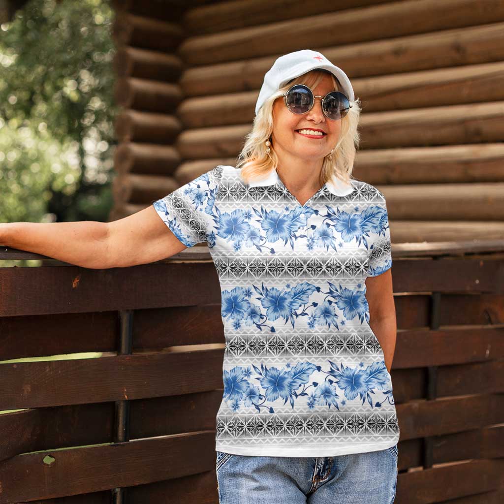 Samoa White Sunday Women Polo Shirt Samoan Tapa Blue Hibiscus - Polynesian Pride