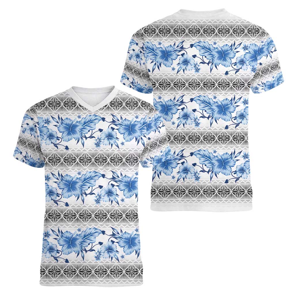 Samoa White Sunday Women V-Neck T-Shirt Samoan Tapa Blue Hibiscus - Polynesian Pride