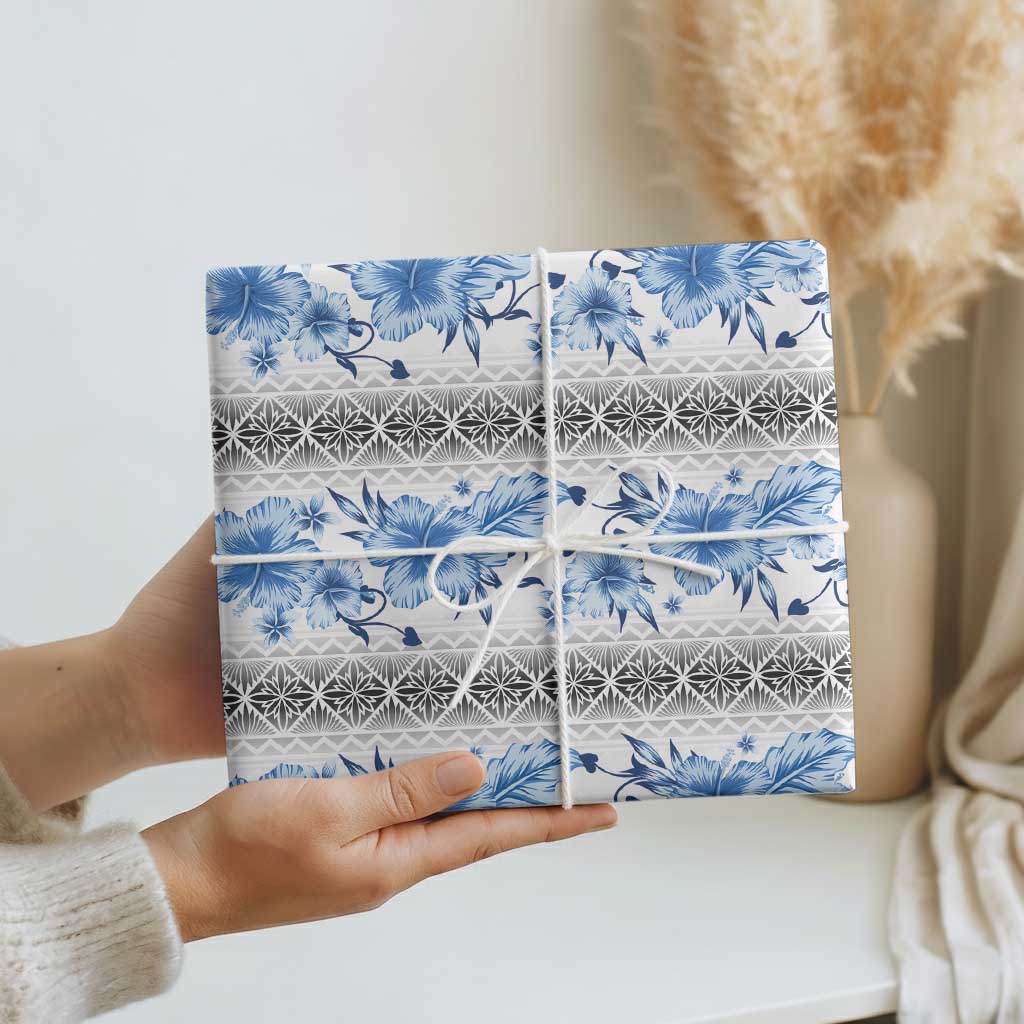 Samoa White Sunday Wrapping Paper Samoan Tapa Blue Hibiscus - Polynesian Pride