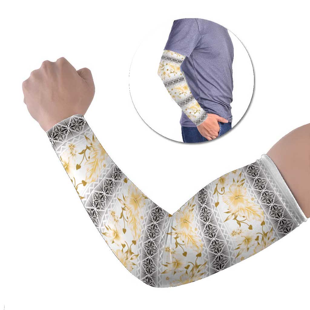 Samoa White Sunday Arm Sleeves Samoan Tapa Yellow Hibiscus - Polynesian Pride