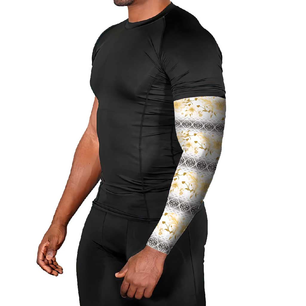 Samoa White Sunday Arm Sleeves Samoan Tapa Yellow Hibiscus - Polynesian Pride